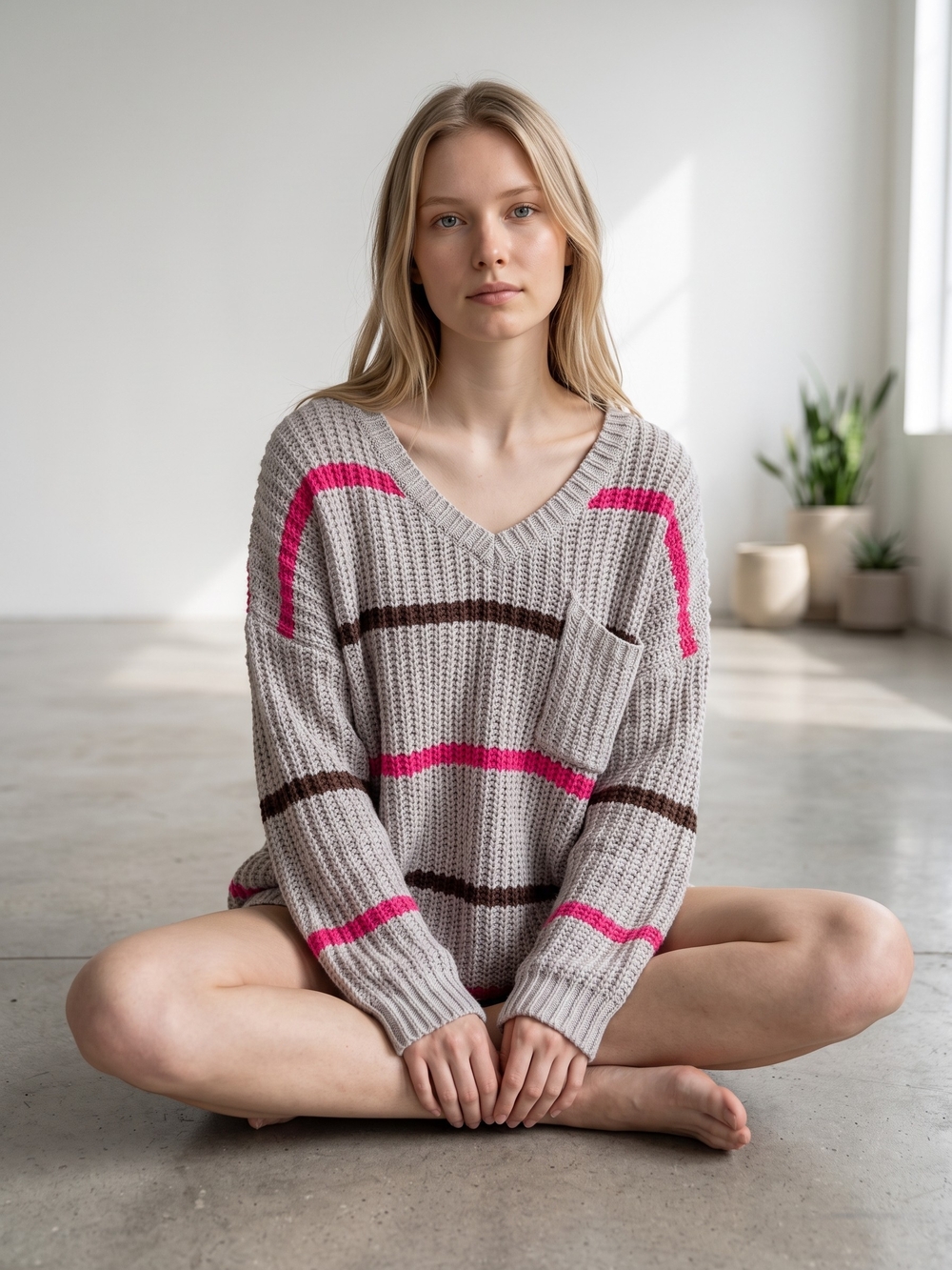 Free People Ultra Soft Beige V-Neck Striped Knit Sweater Medium